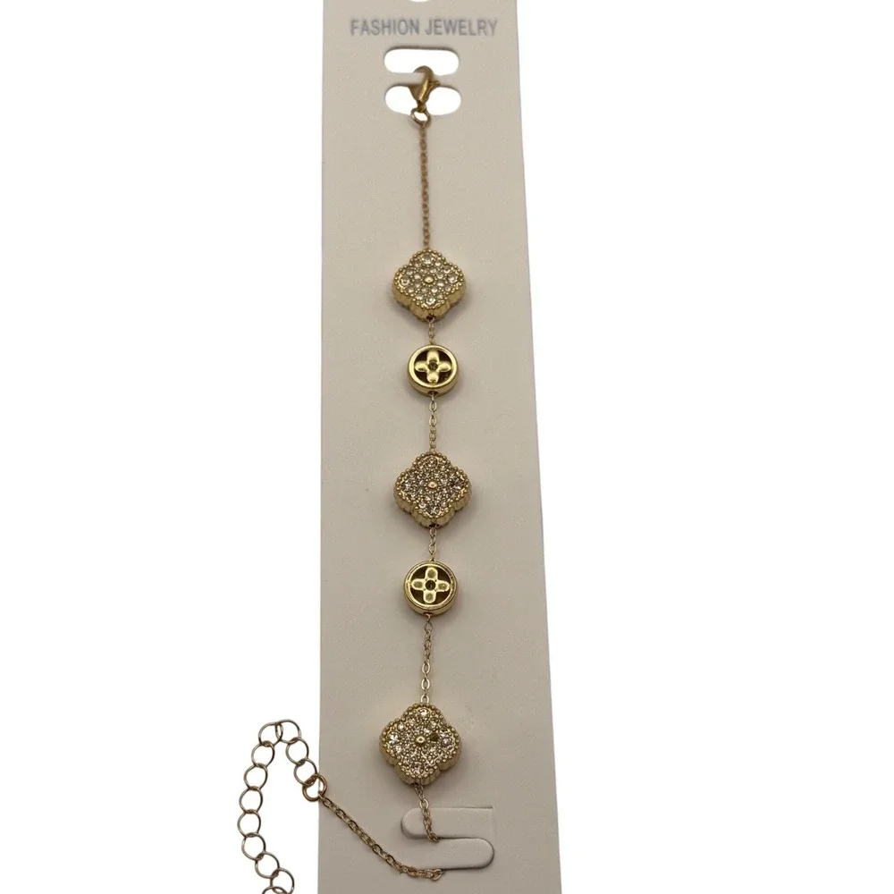 Fashion Jewelry Gold Tone Clover Charm Bracelet Rhinestone Accent Adjustable